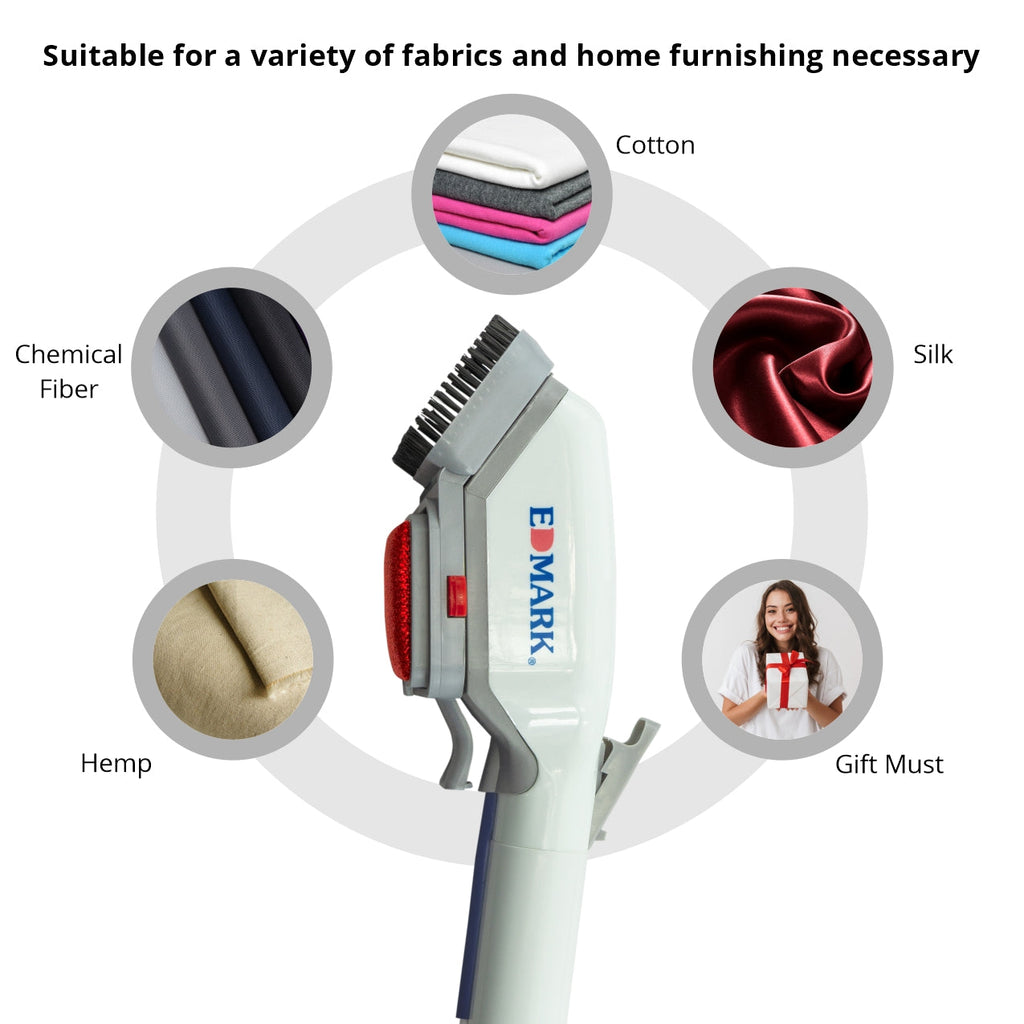 Edmark Smart Steam Brush steaming a hanging shirt
