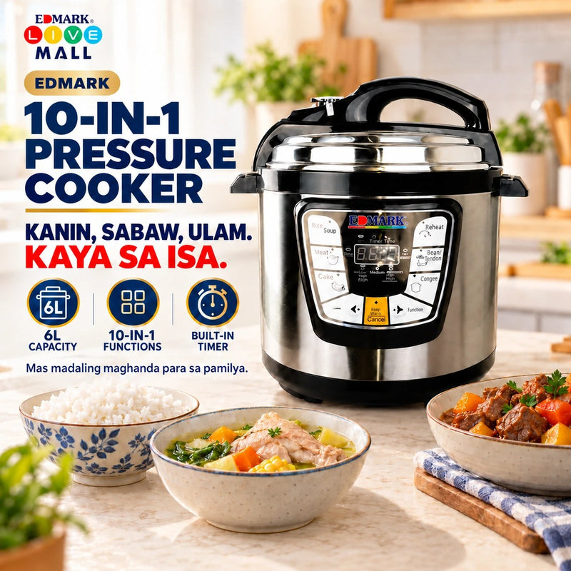 Edmark 10-in-1 Pressure Cooker with rice, soup and stew — Kanin, sabaw, ulam. Kaya sa isa.